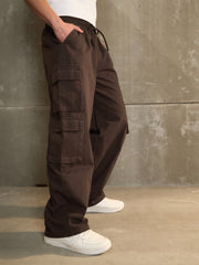 Men Brown Twill Elasticated Waist Wide Leg Pants
