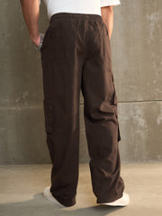 Men Brown Twill Elasticated Waist Wide Leg Pants