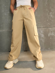 Men Beige Twill Elasticated Waist Wide Leg Pants