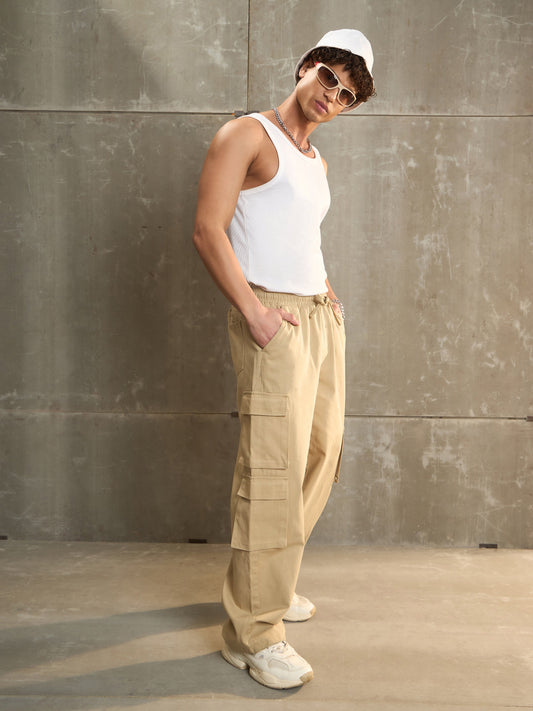 Men Beige Twill Elasticated Waist Wide Leg Pants