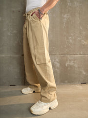 Men Beige Twill Elasticated Waist Wide Leg Pants
