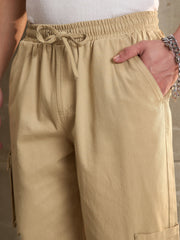 Men Beige Twill Elasticated Waist Wide Leg Pants