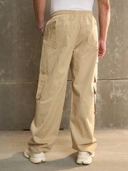 Men Beige Twill Elasticated Waist Wide Leg Pants