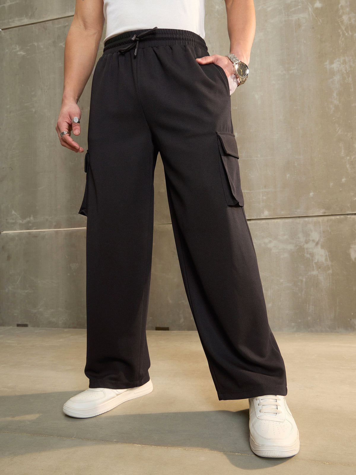 Men Black Side Pocket Wide Leg Pants