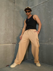 Men Beige Side Pocket Wide Leg Pants