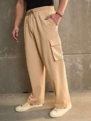 Men Beige Side Pocket Wide Leg Pants