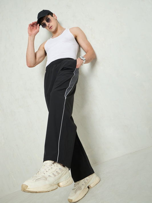 Unisex Black Color Block Side Seam Parachute Pants