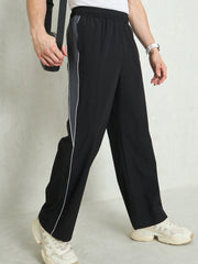 Unisex Black Color Block Side Seam Parachute Pants