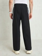 Unisex Black Color Block Side Seam Parachute Pants