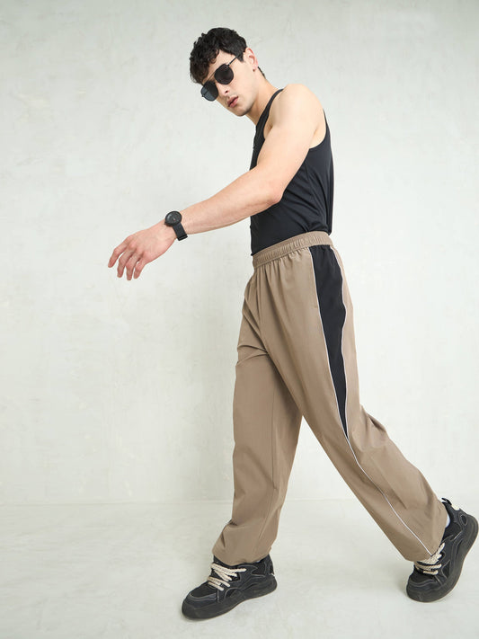 Unisex Taupe Color Block Side Seam Parachute Pants