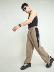 Unisex Taupe Color Block Side Seam Parachute Pants
