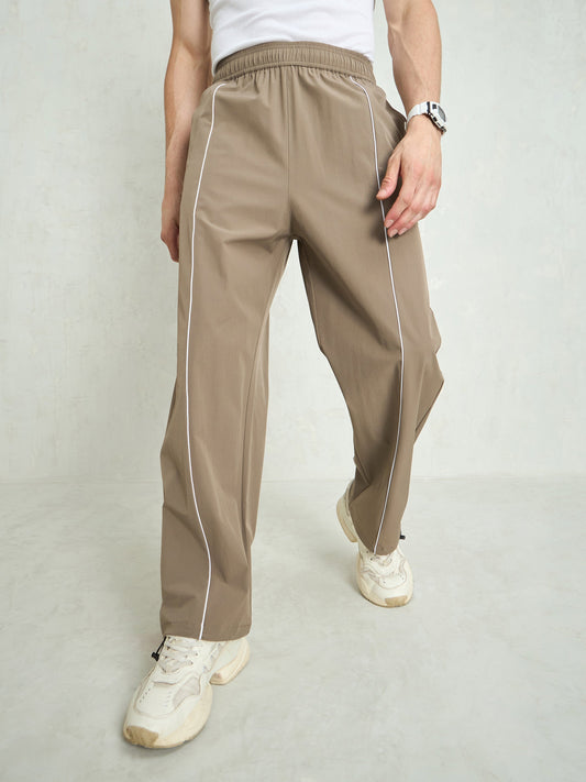 Unisex Taupe Piping Detail Baggy Parachute Pants