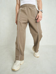 Unisex Taupe Piping Detail Baggy Parachute Pants