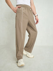 Unisex Taupe Piping Detail Baggy Parachute Pants