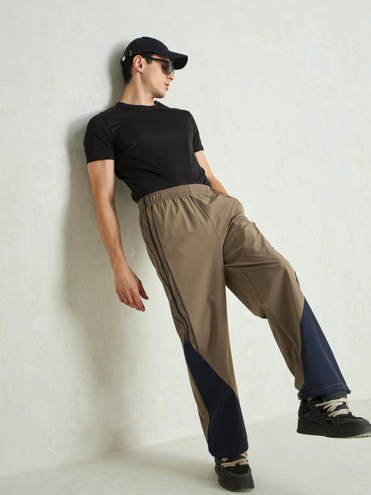 Unisex Taupe Bottom Color Block Baggy Parachute Pants