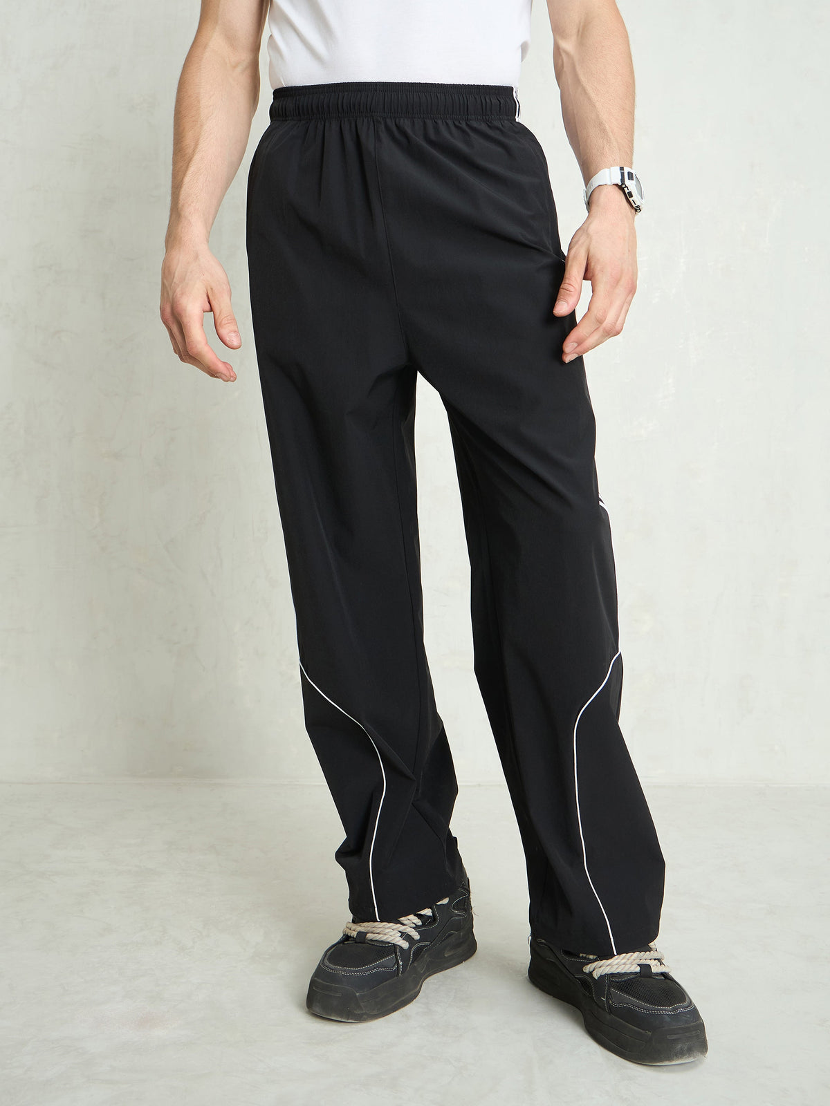 Unisex Black Piping Detail Baggy Parachute Pants