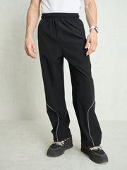 Unisex Black Piping Detail Baggy Parachute Pants
