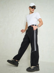 Unisex Black Piping Detail Baggy Parachute Pants