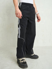 Unisex Black Piping Detail Baggy Parachute Pants