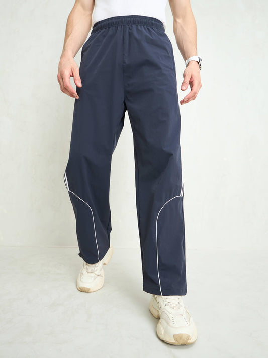 Unisex Navy Blue Piping Detail Baggy Parachute Pants