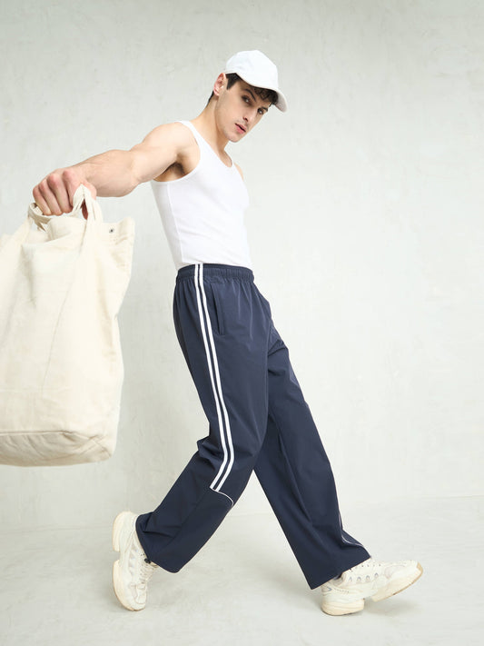 Unisex Navy Blue Piping Detail Baggy Parachute Pants