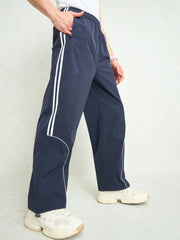 Unisex Navy Blue Piping Detail Baggy Parachute Pants