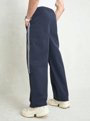 Unisex Navy Blue Piping Detail Baggy Parachute Pants