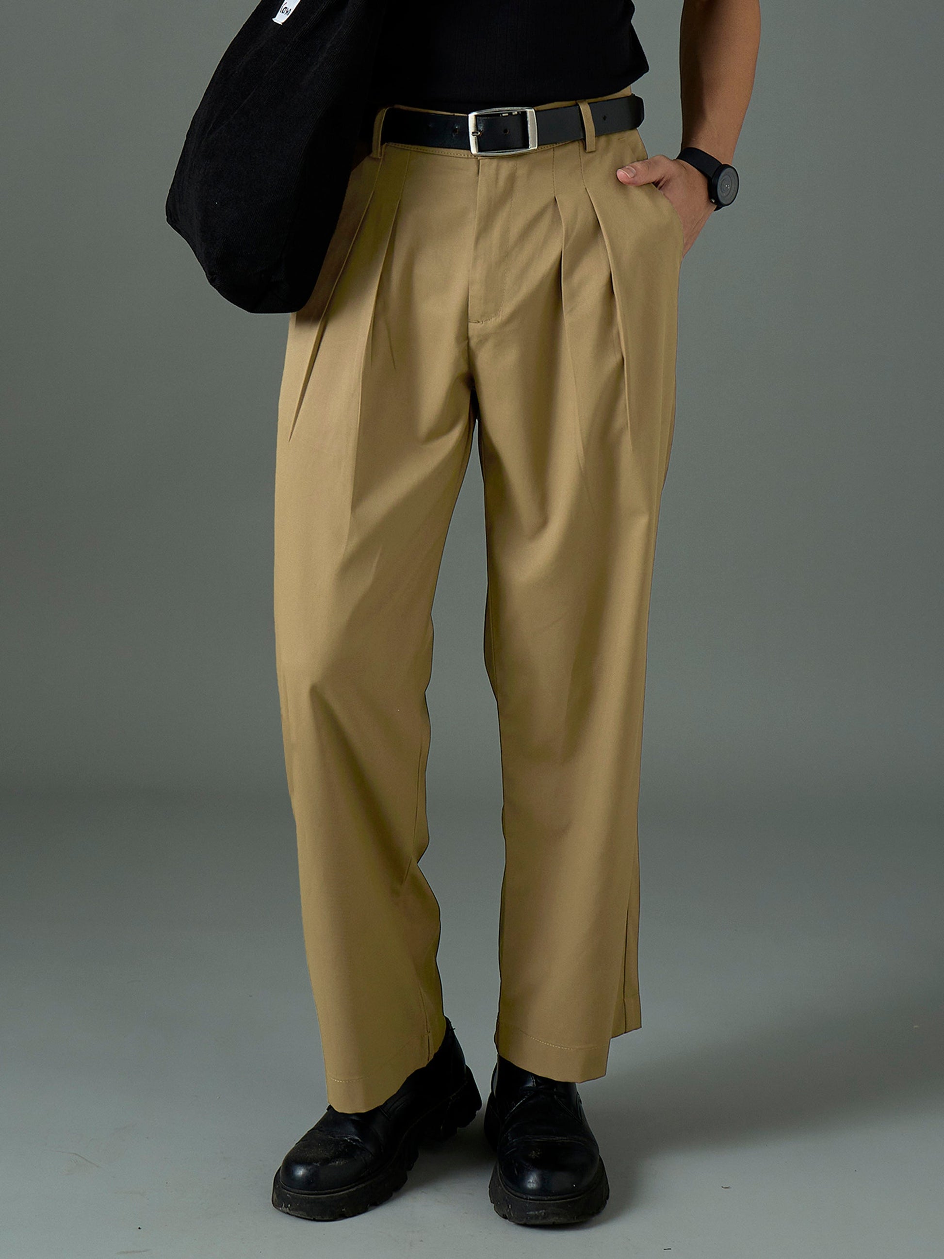 Khaki Front Pleat Relax Fit Korean Trouser MASCLN SASSAFRAS