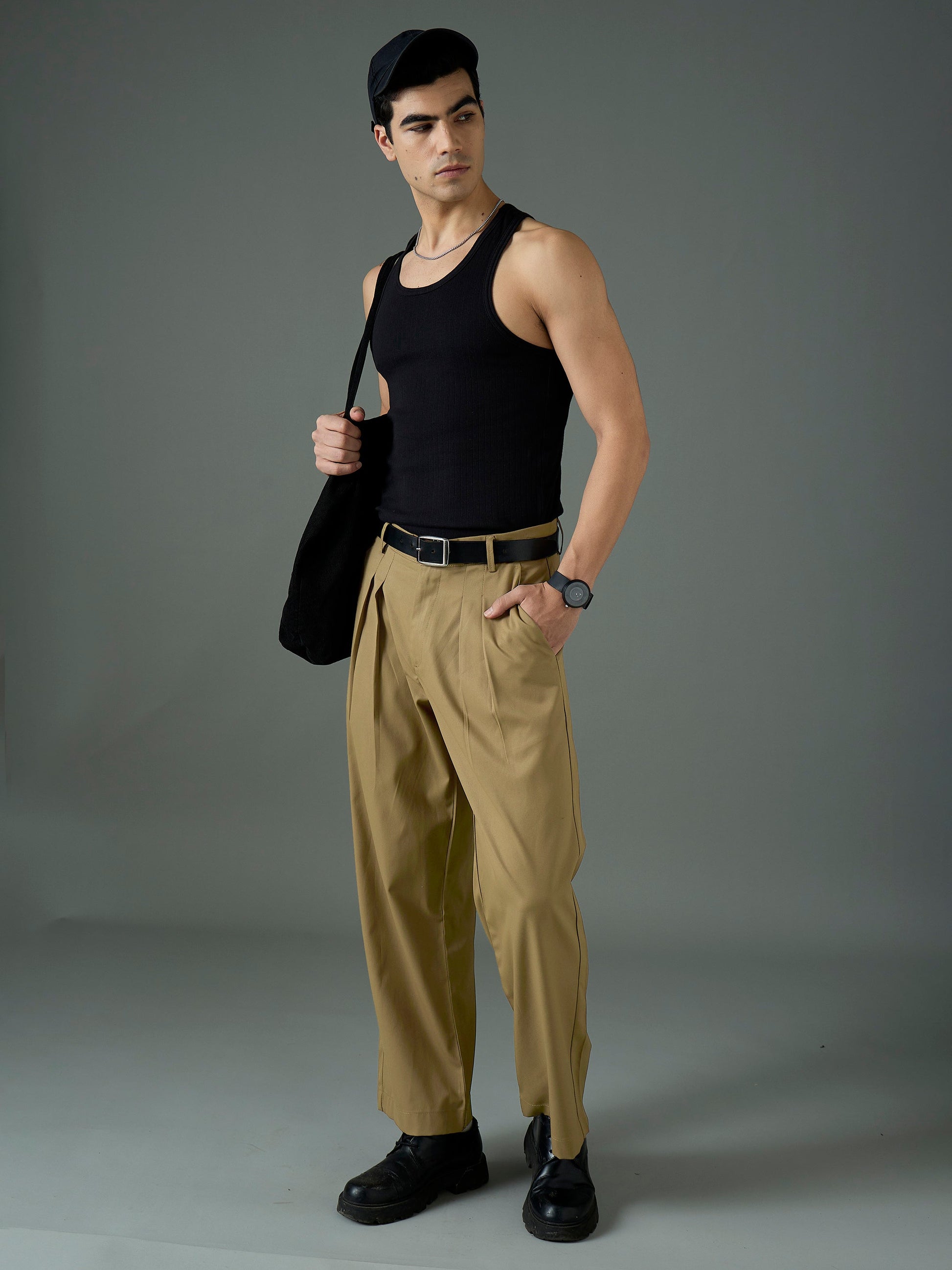 Khaki Front Pleat Relax Fit Korean Trouser MASCLN SASSAFRAS