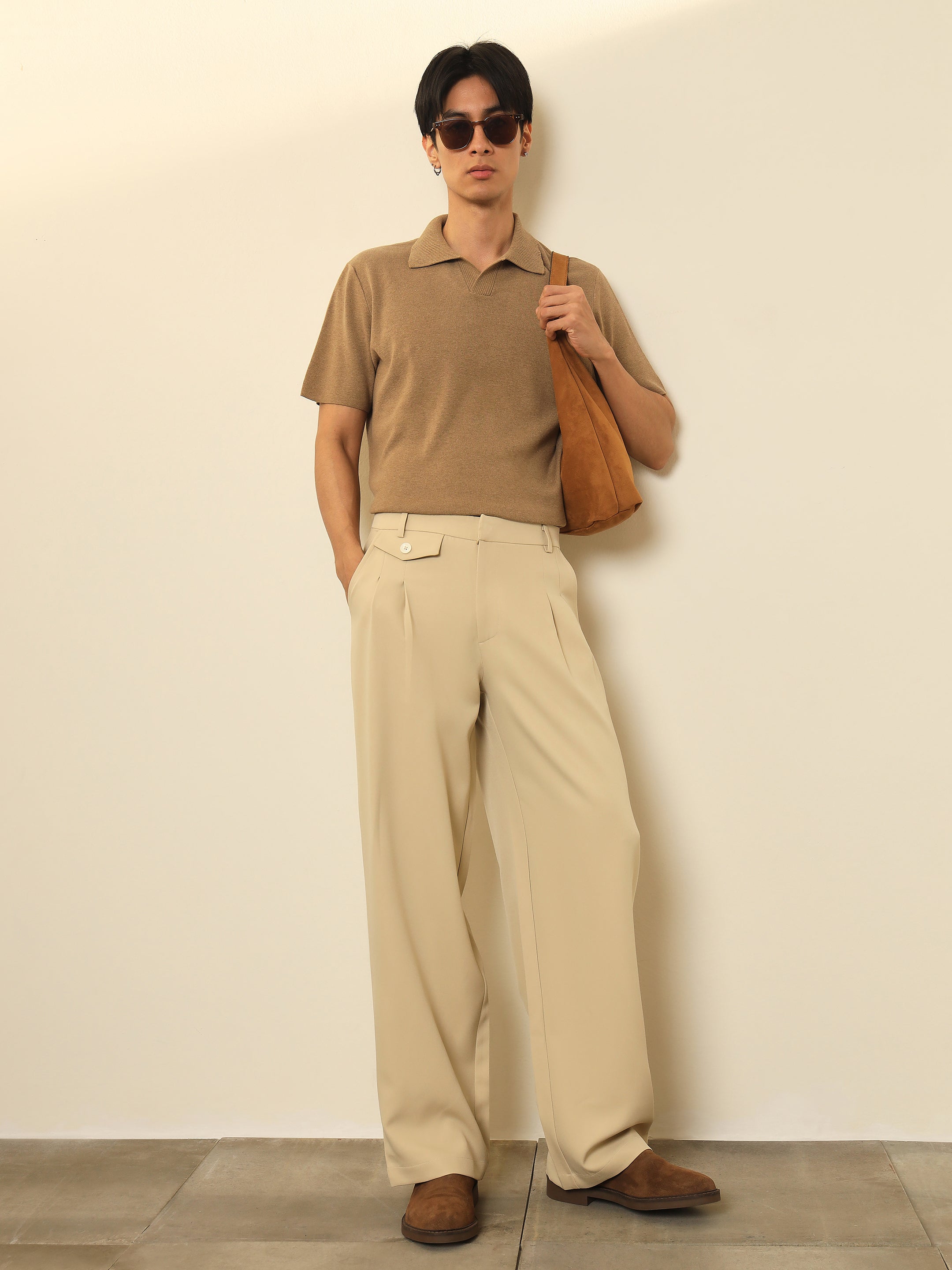 Light Beige Mock Flap Pocket Pleated Korean Pants MASCLN SASSAFRAS