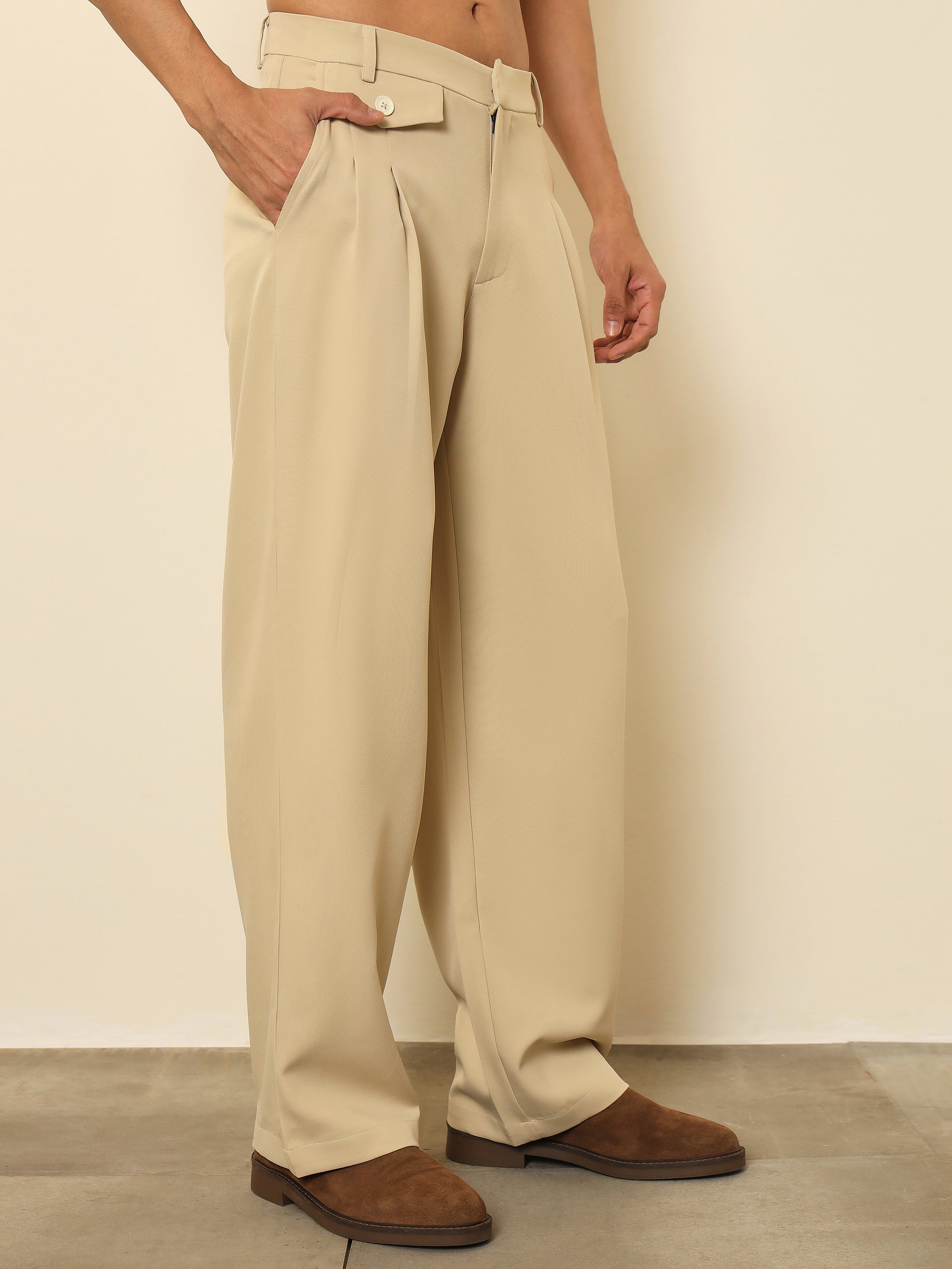 Light Beige Mock Flap Pocket Pleated Korean Pants MASCLN SASSAFRAS