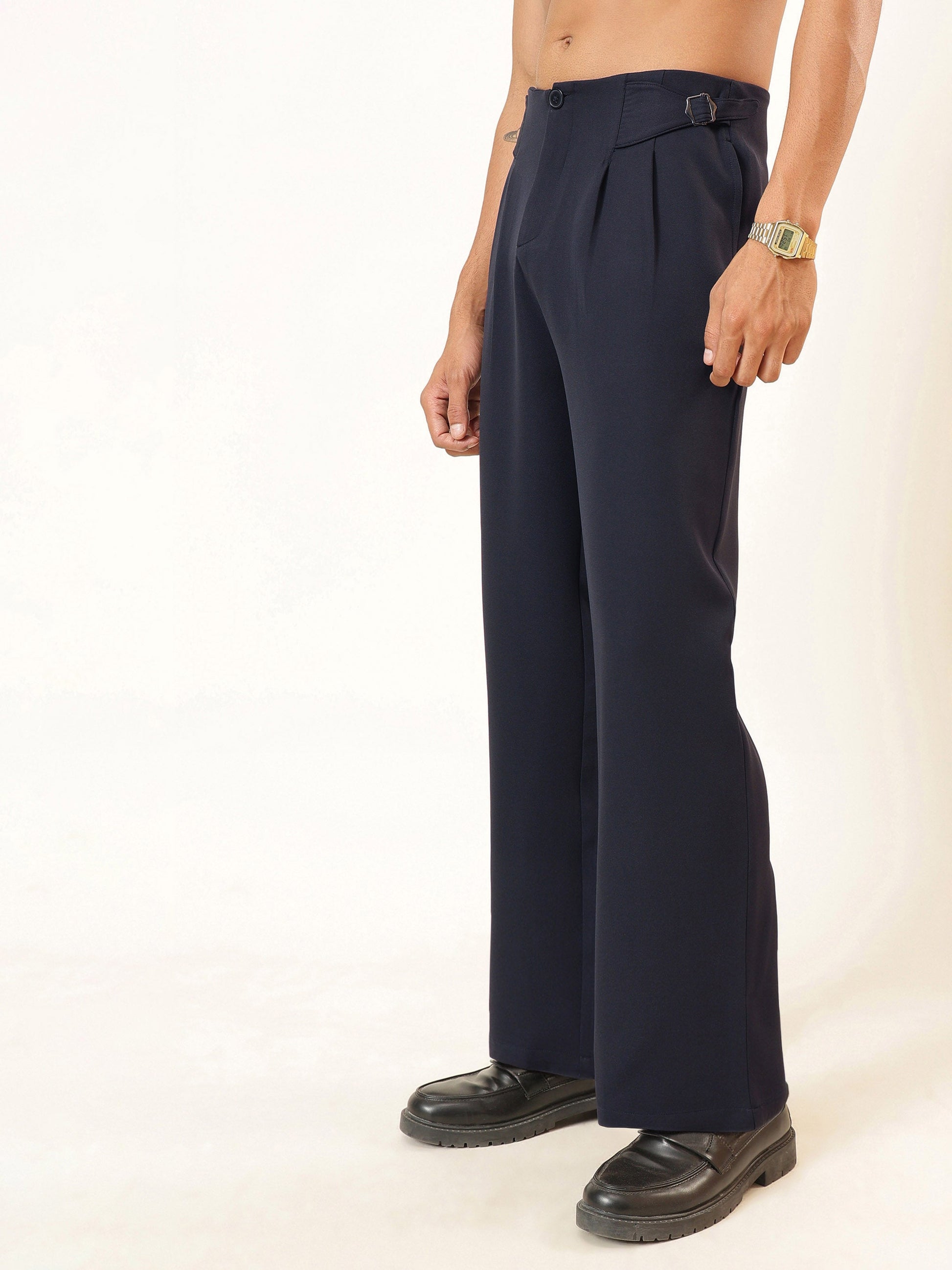 Navy Blue No-waistband High-Waist Korean Pants-MASCLN SASSAFRAS