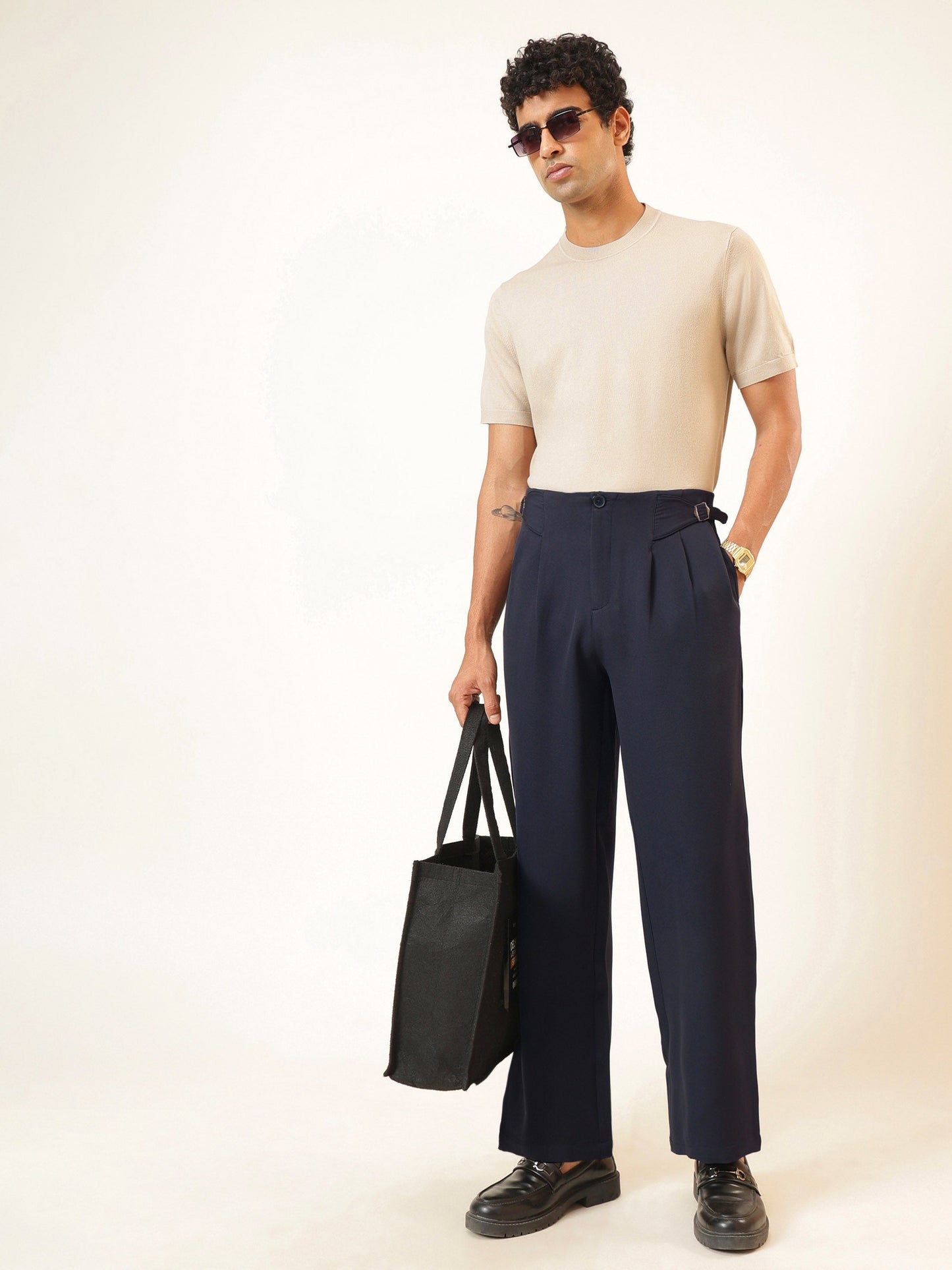 Navy Blue No-waistband High-Waist Korean Pants-MASCLN SASSAFRAS