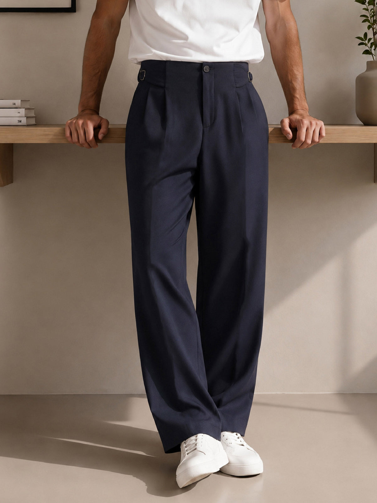 Navy Blue No-waistband High-Waist Korean Pants-MASCLN SASSAFRAS