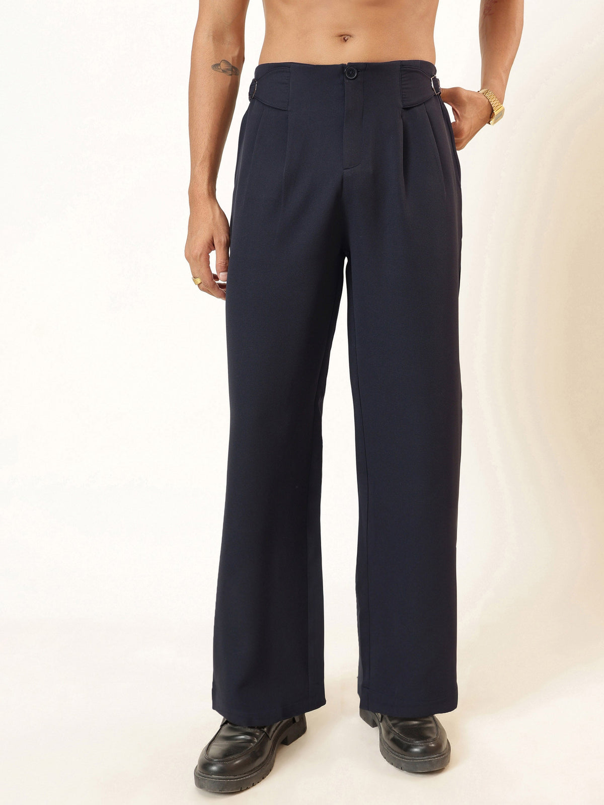 Navy Blue No-waistband High-Waist Korean Pants-MASCLN SASSAFRAS