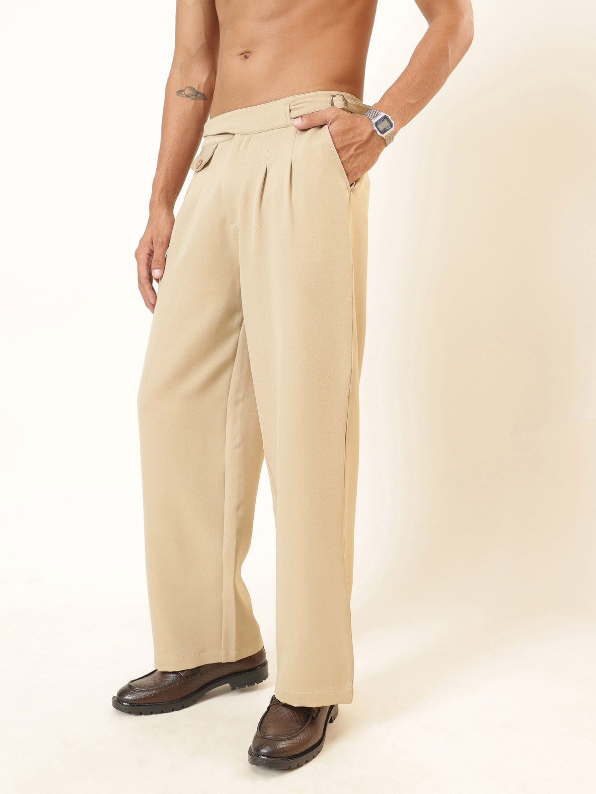 Beige Dual-Dart Waist Adjuster Korean Pants-MASCLN SASSAFRAS