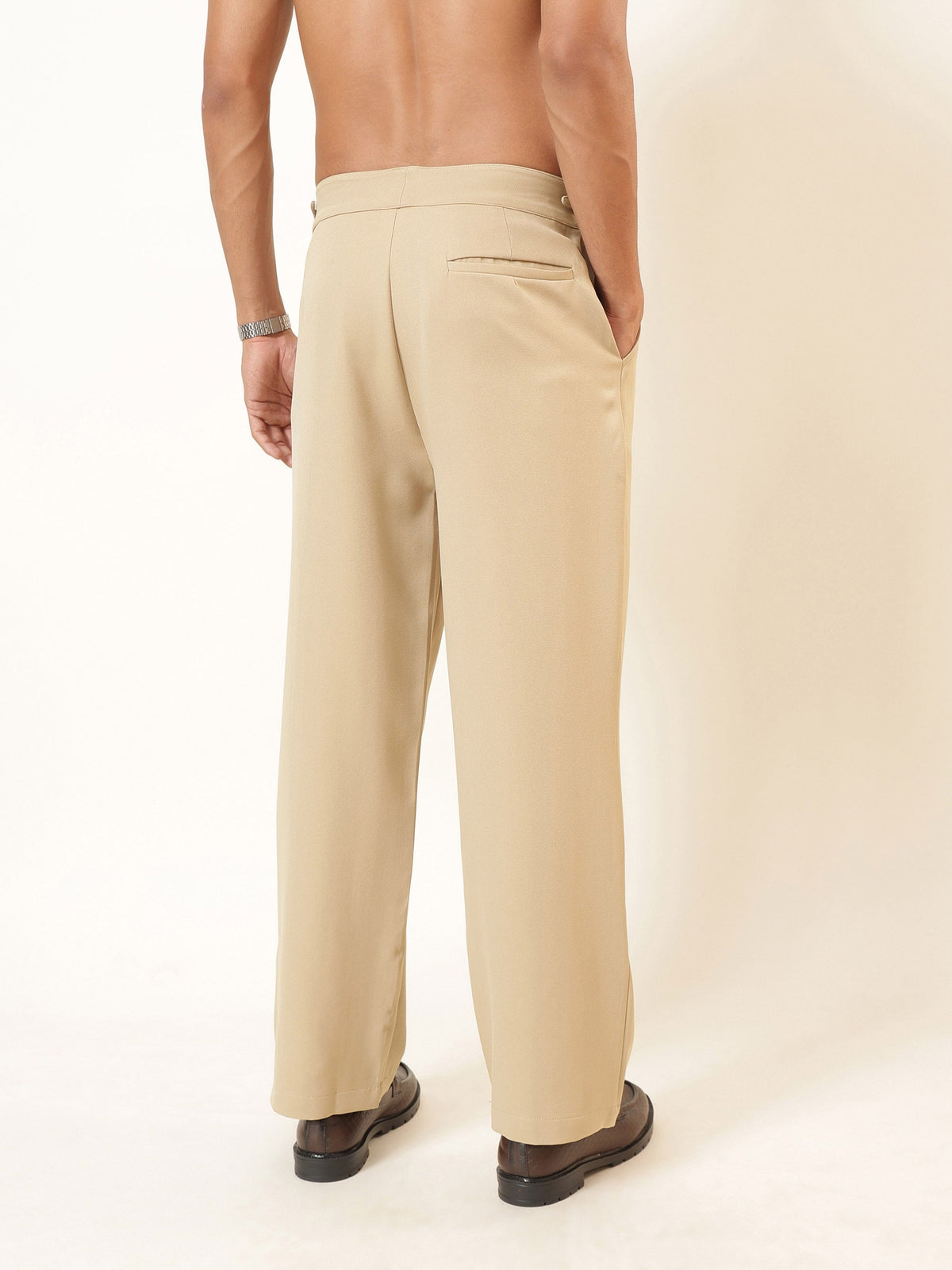 Beige Dual-Dart Waist Adjuster Korean Pants-MASCLN SASSAFRAS