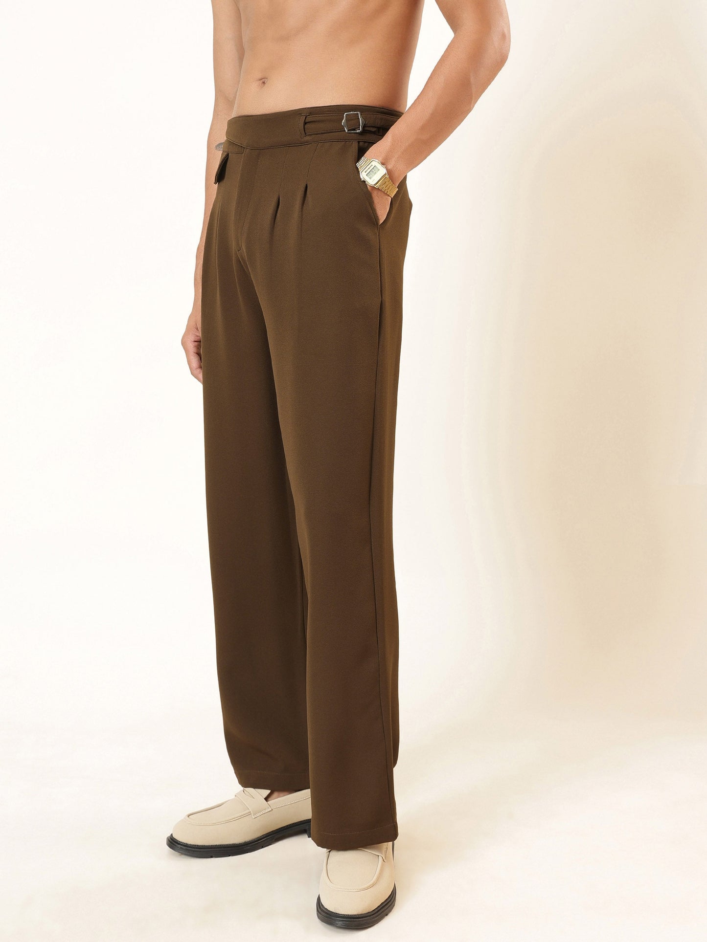 Tan Brown Dual-Dart Waist Adjuster Korean Pants-MASCLN SASSAFRAS