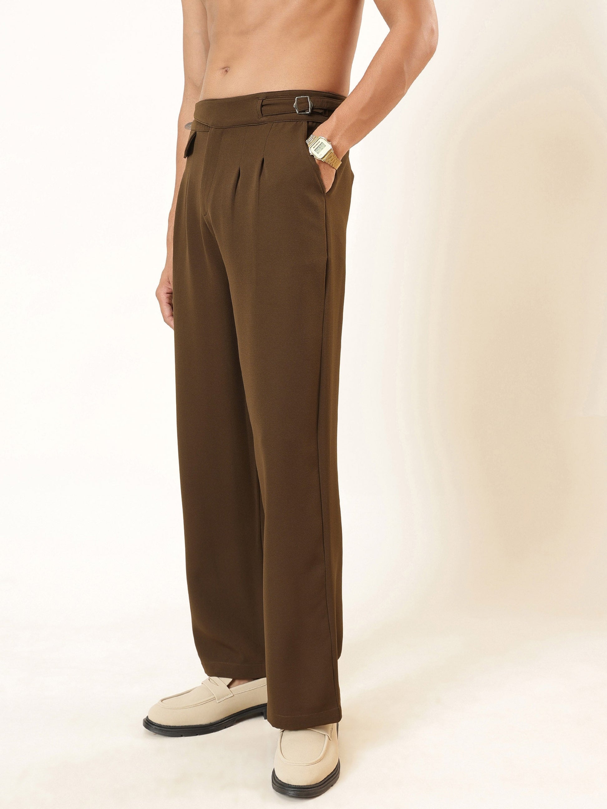 Tan Brown Dual-Dart Waist Adjuster Korean Pants-MASCLN SASSAFRAS