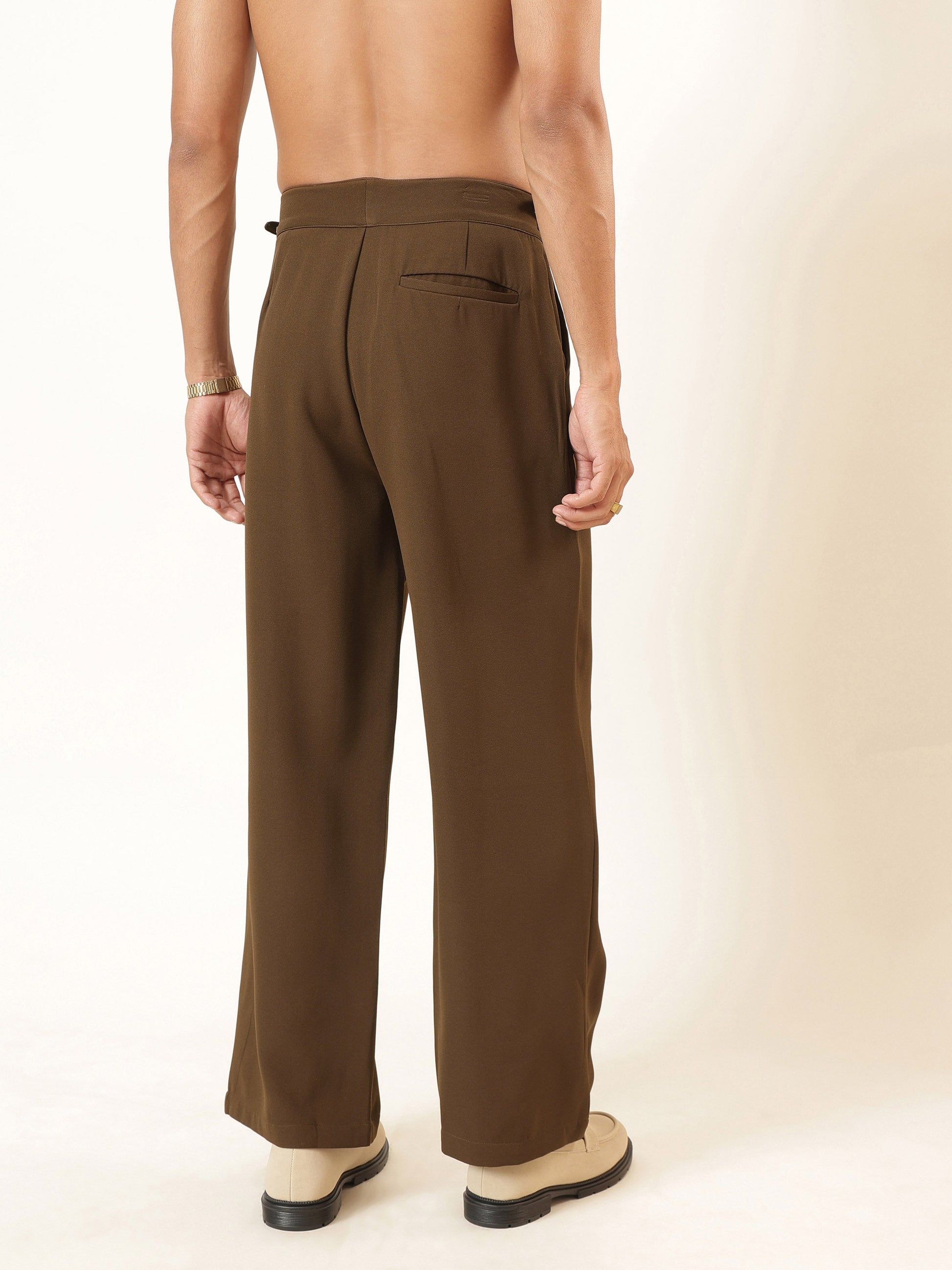 Tan Brown Dual-Dart Waist Adjuster Korean Pants-MASCLN SASSAFRAS