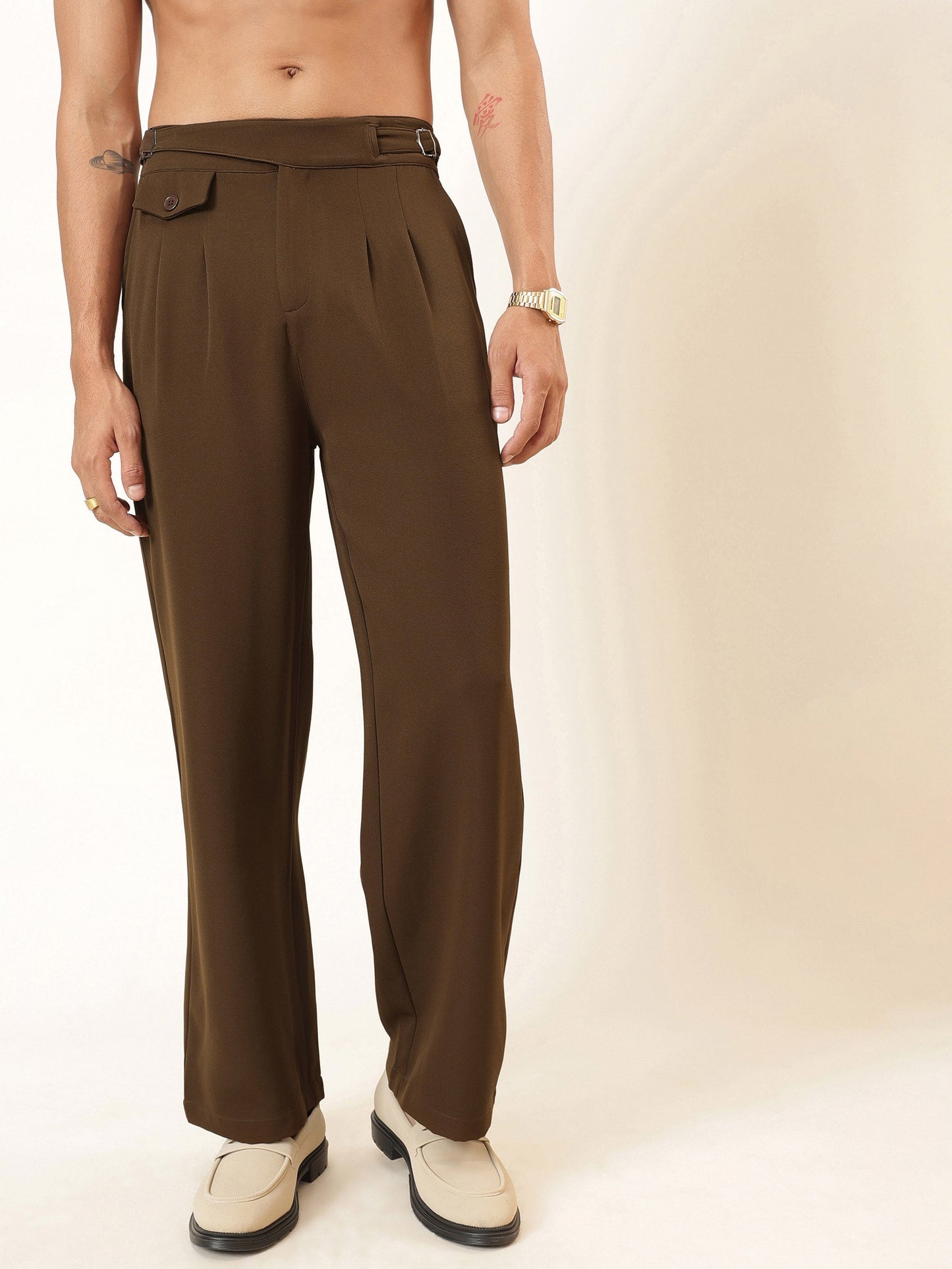 Tan Brown Dual-Dart Waist Adjuster Korean Pants-MASCLN SASSAFRAS