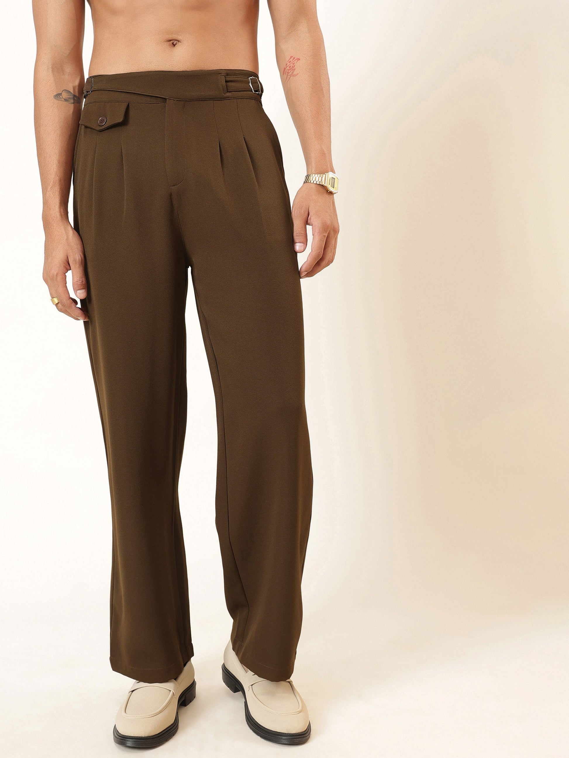 Tan Brown Dual-Dart Waist Adjuster Korean Pants-MASCLN SASSAFRAS