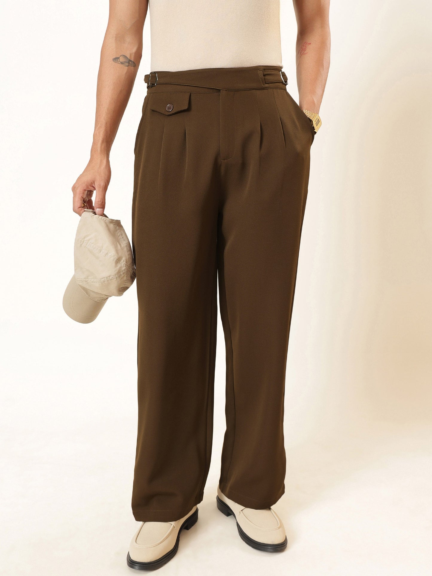 Tan Brown Dual-Dart Waist Adjuster Korean Pants-MASCLN SASSAFRAS