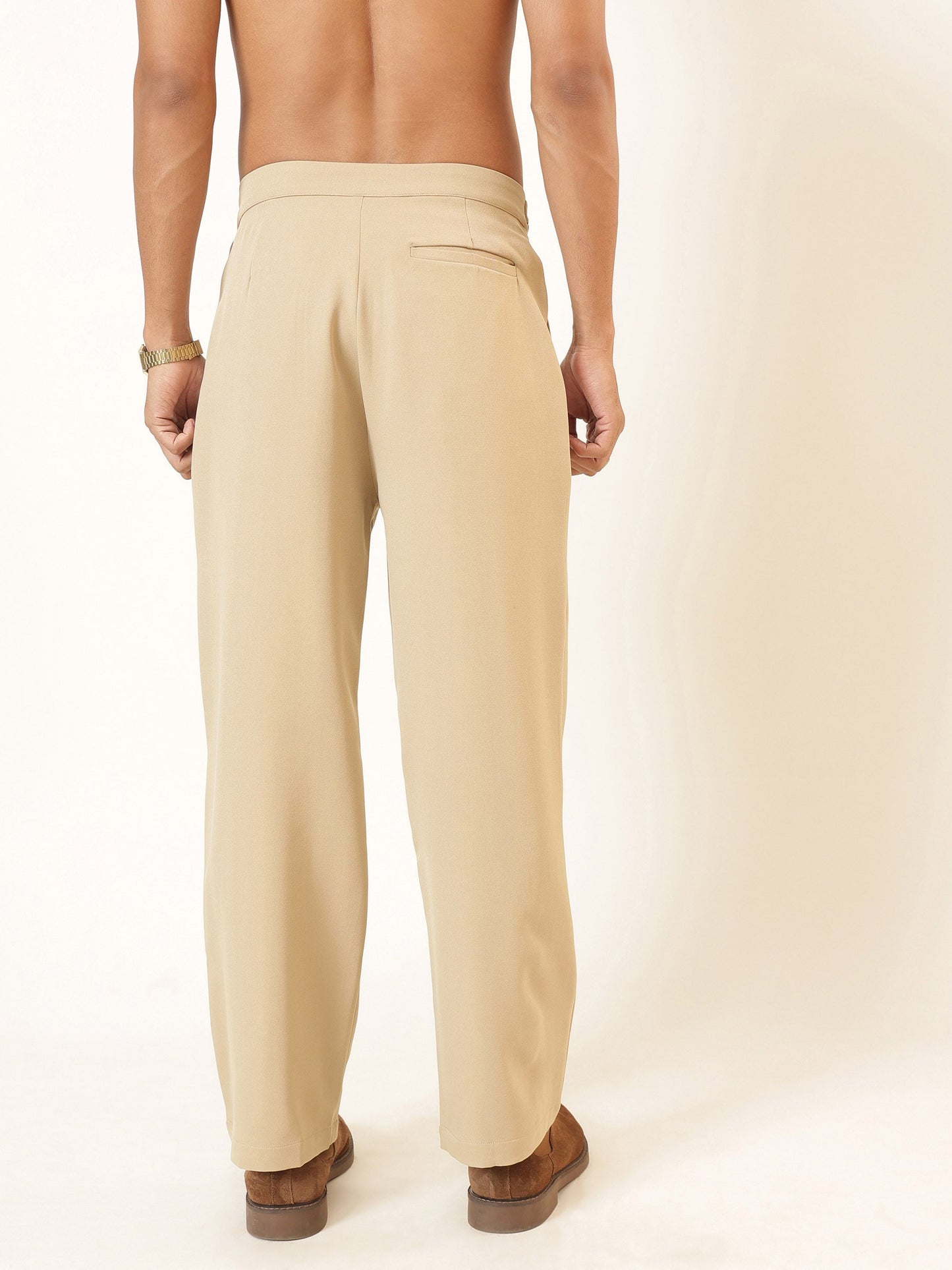 Beige Invert Pleat High Waist Korean Pants-MASCLN SASSAFRAS