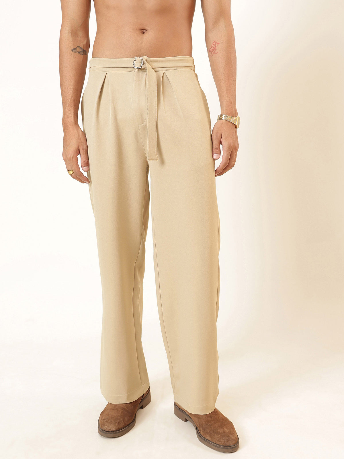 Beige Invert Pleat High Waist Korean Pants-MASCLN SASSAFRAS