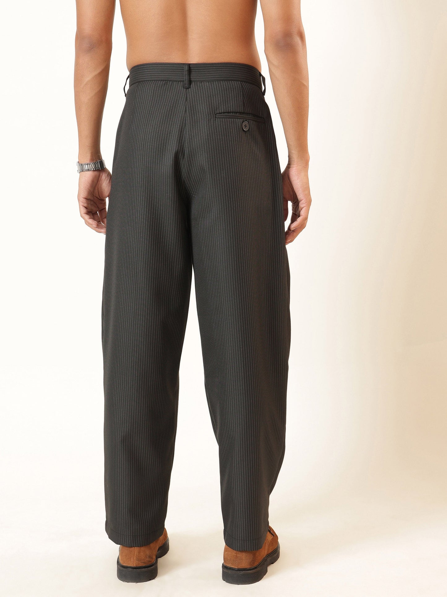 Black & White Stripe Invert Pleat High waist Korean Pants-MASCLN SASSAFRAS