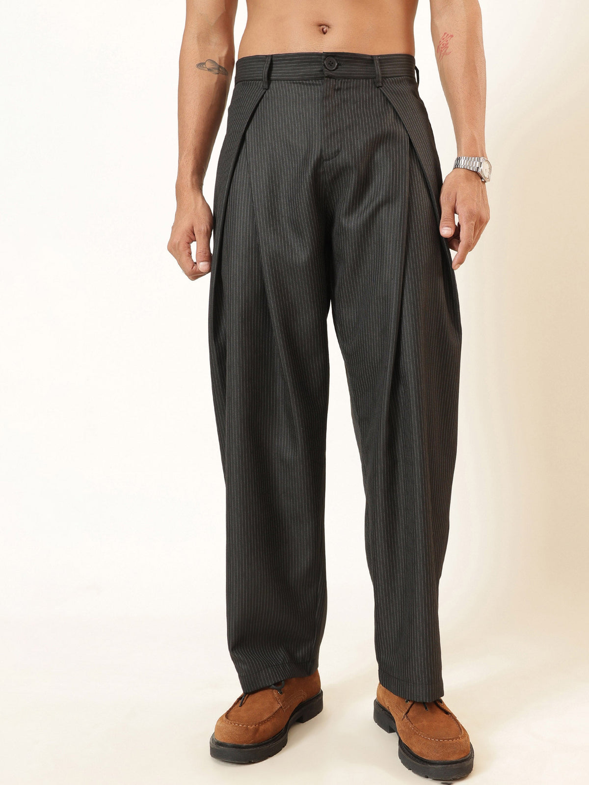 Black & White Stripe Invert Pleat High waist Korean Pants-MASCLN SASSAFRAS