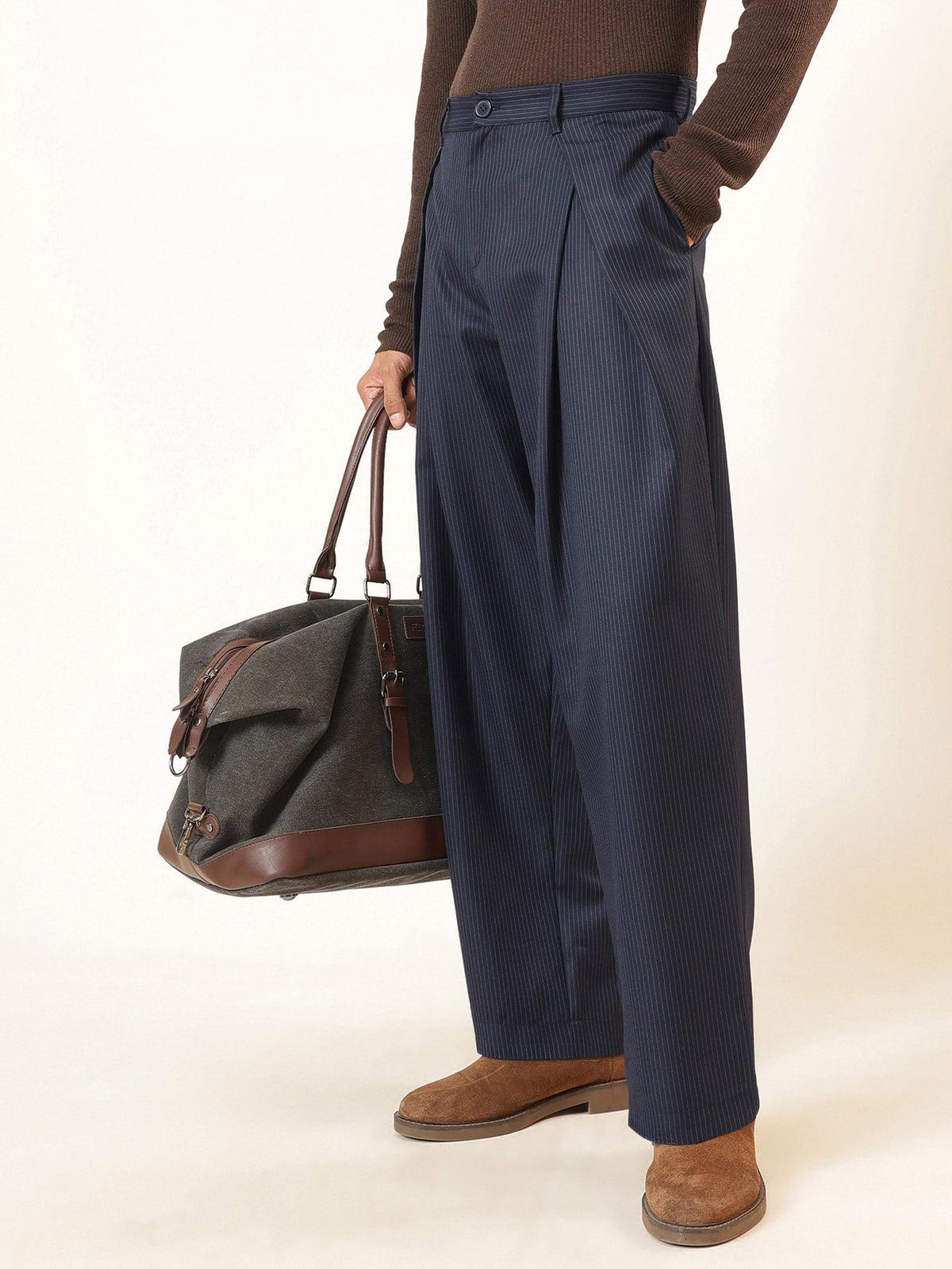 Blue & White Stripe Invert Pleat High Pleat korean Pants-MASCLN SASSAFRAS