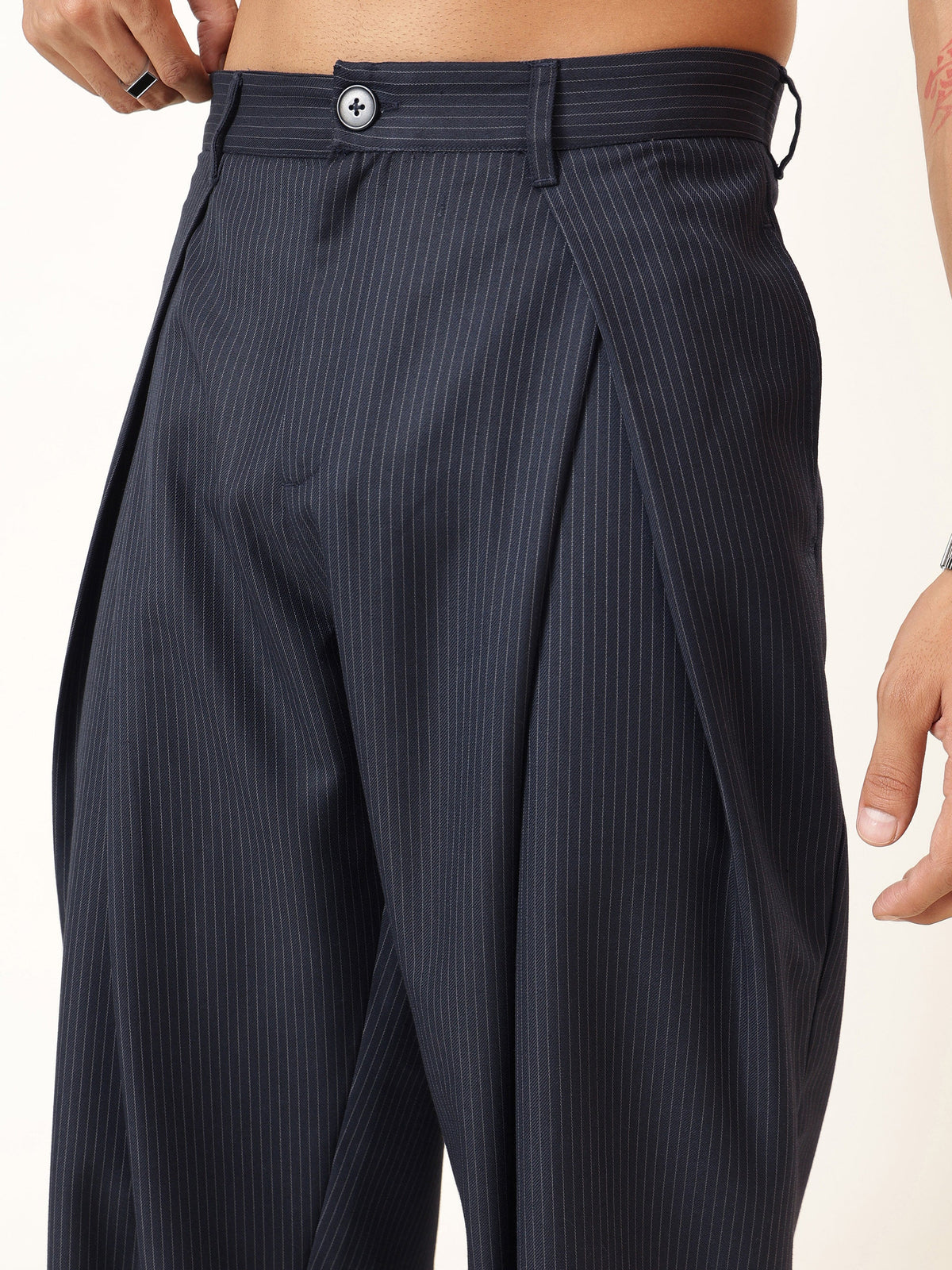 Blue & White Stripe Invert Pleat High Pleat korean Pants-MASCLN SASSAFRAS