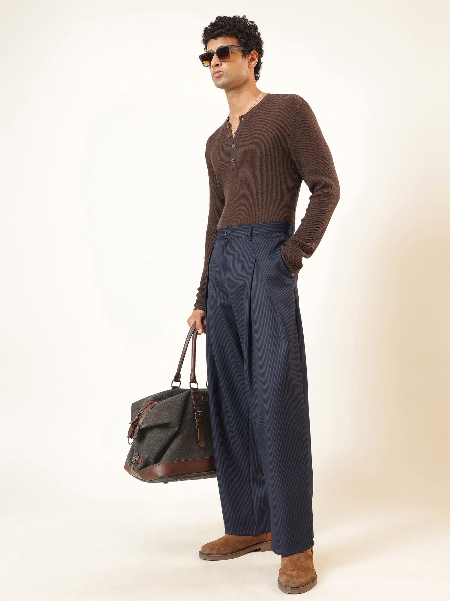 Blue & White Stripe Invert Pleat High Pleat korean Pants-MASCLN SASSAFRAS